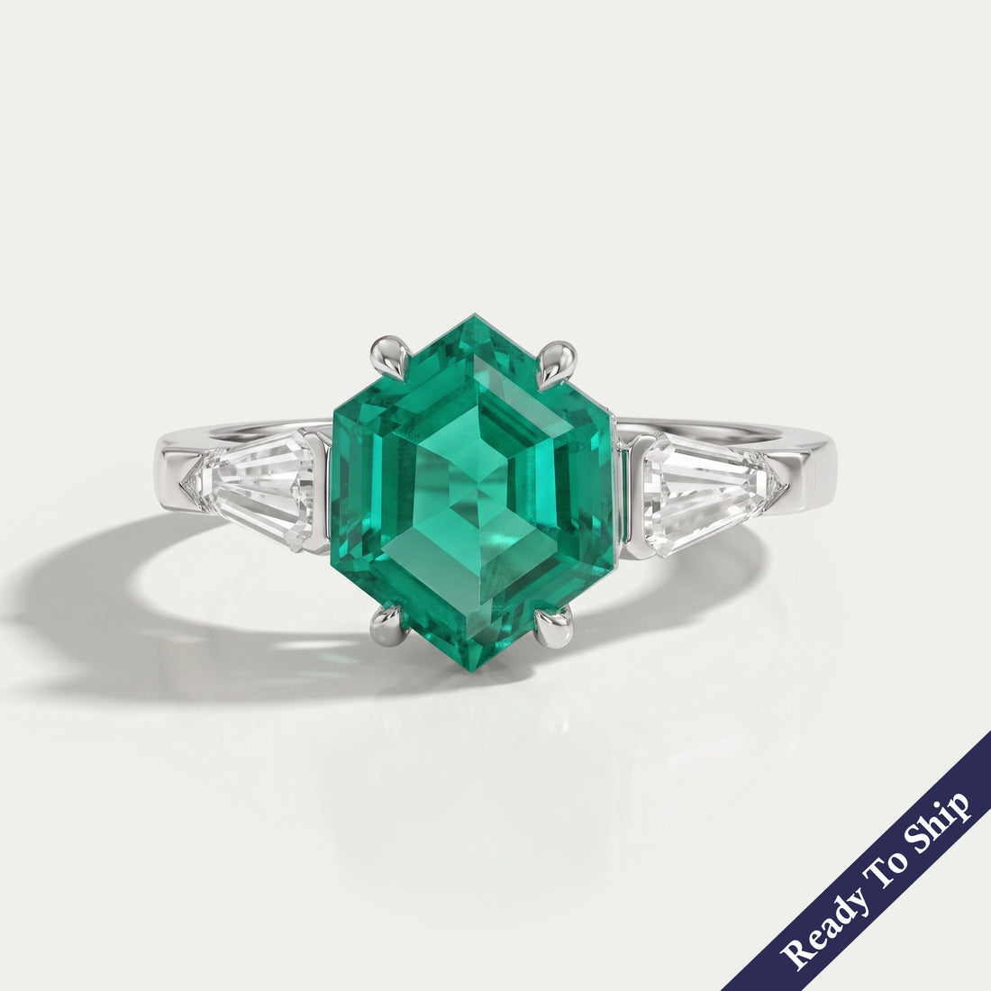 Hexagon Cut Emerald Gemstone Ring Ring