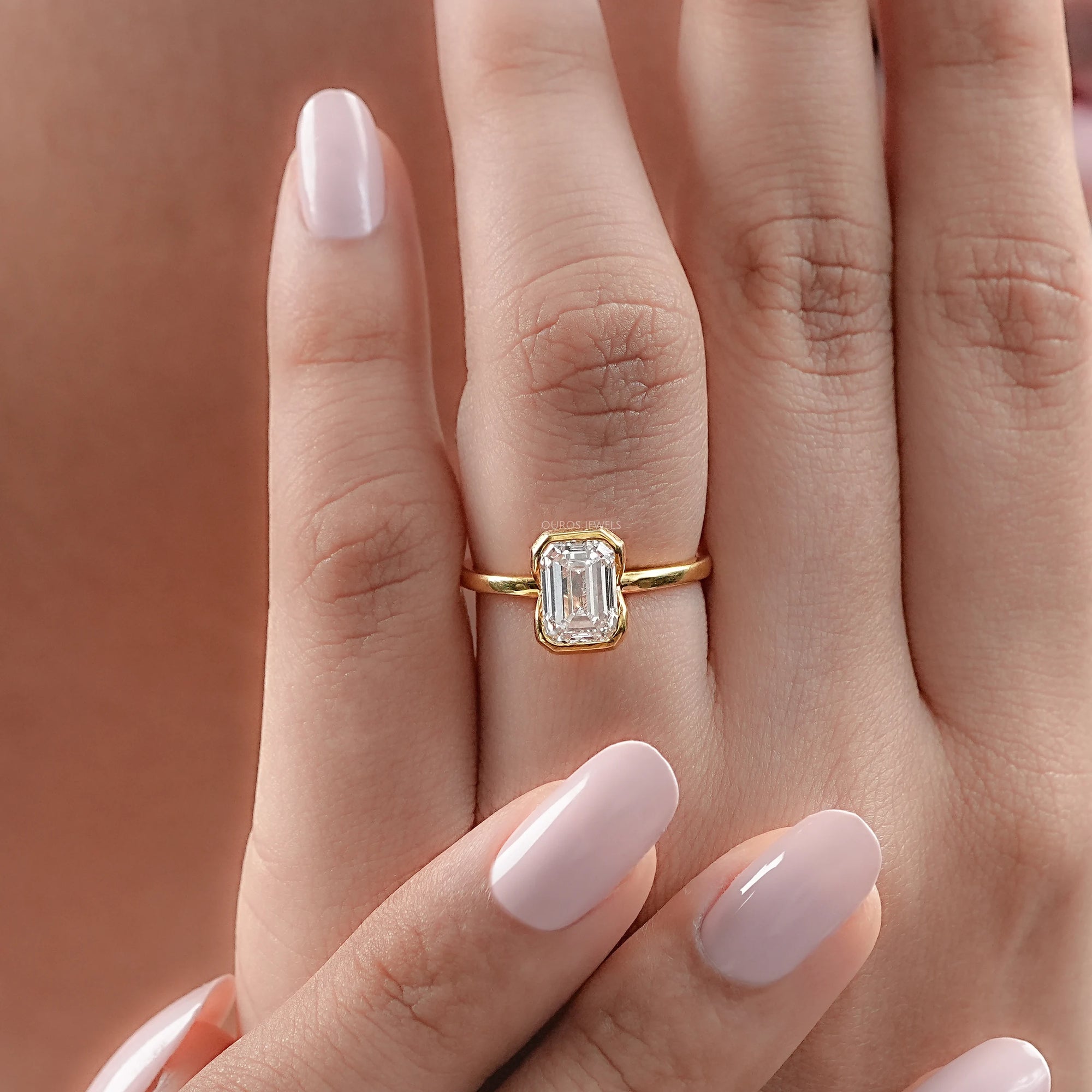 Emerald Diamond Bezel Set Solitaire Engagement Ring Rings