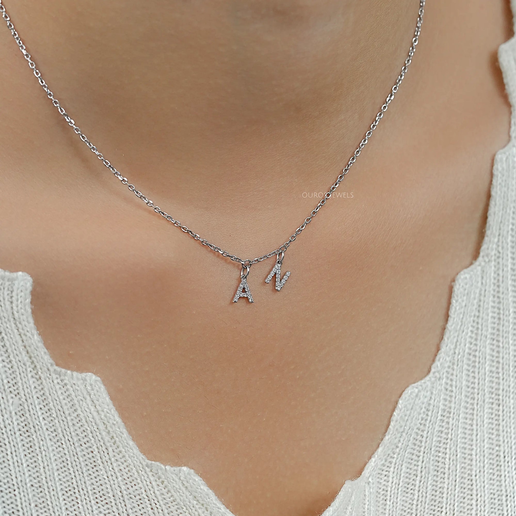 Round Diamond Customize AN Letter Charms Pendant Necklaces