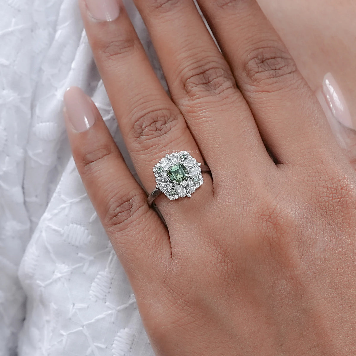 Green Asscher Lab Diamond Cluster Engagement Ring