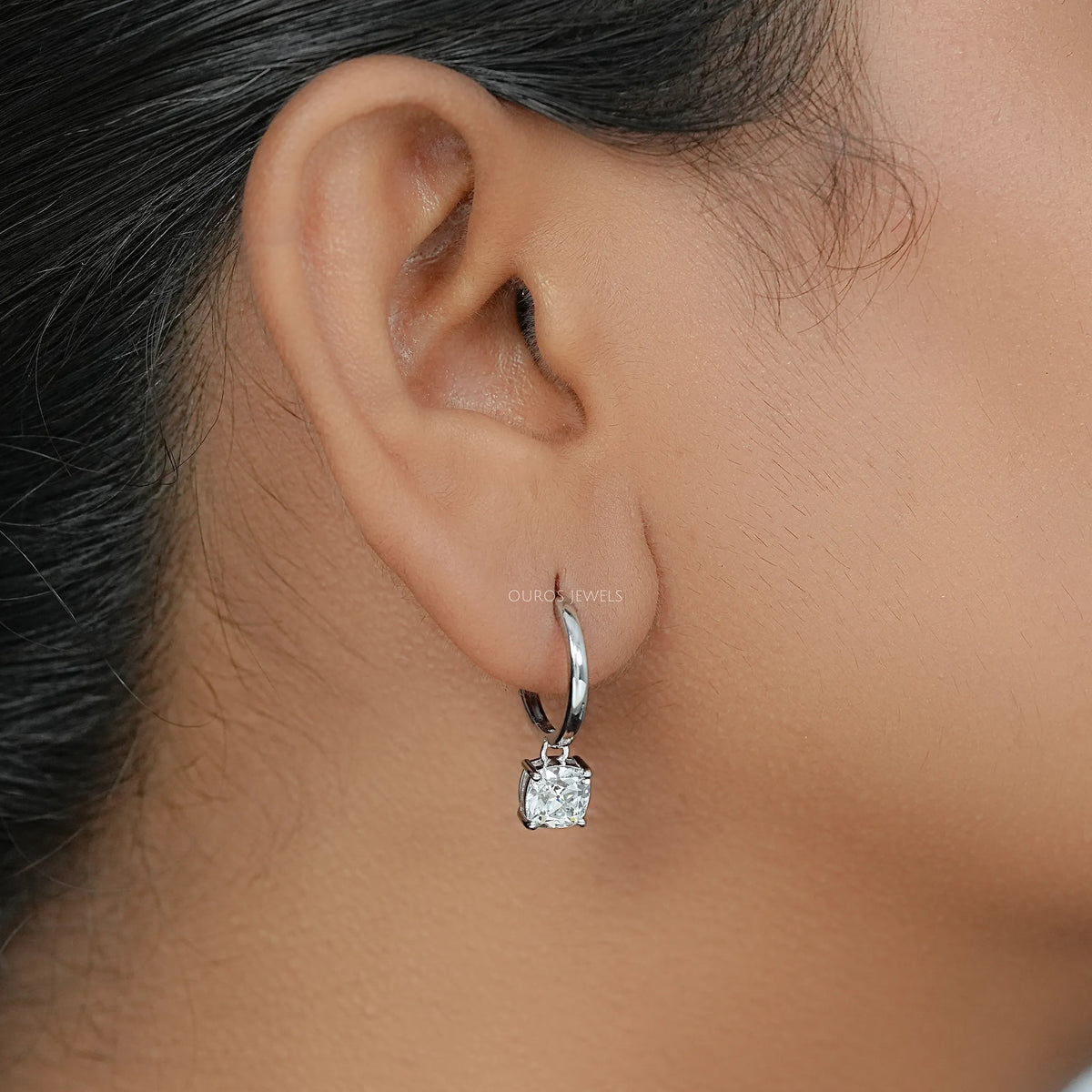 Square Old Mine Cushion Diamond Dangle Hoop Earrings