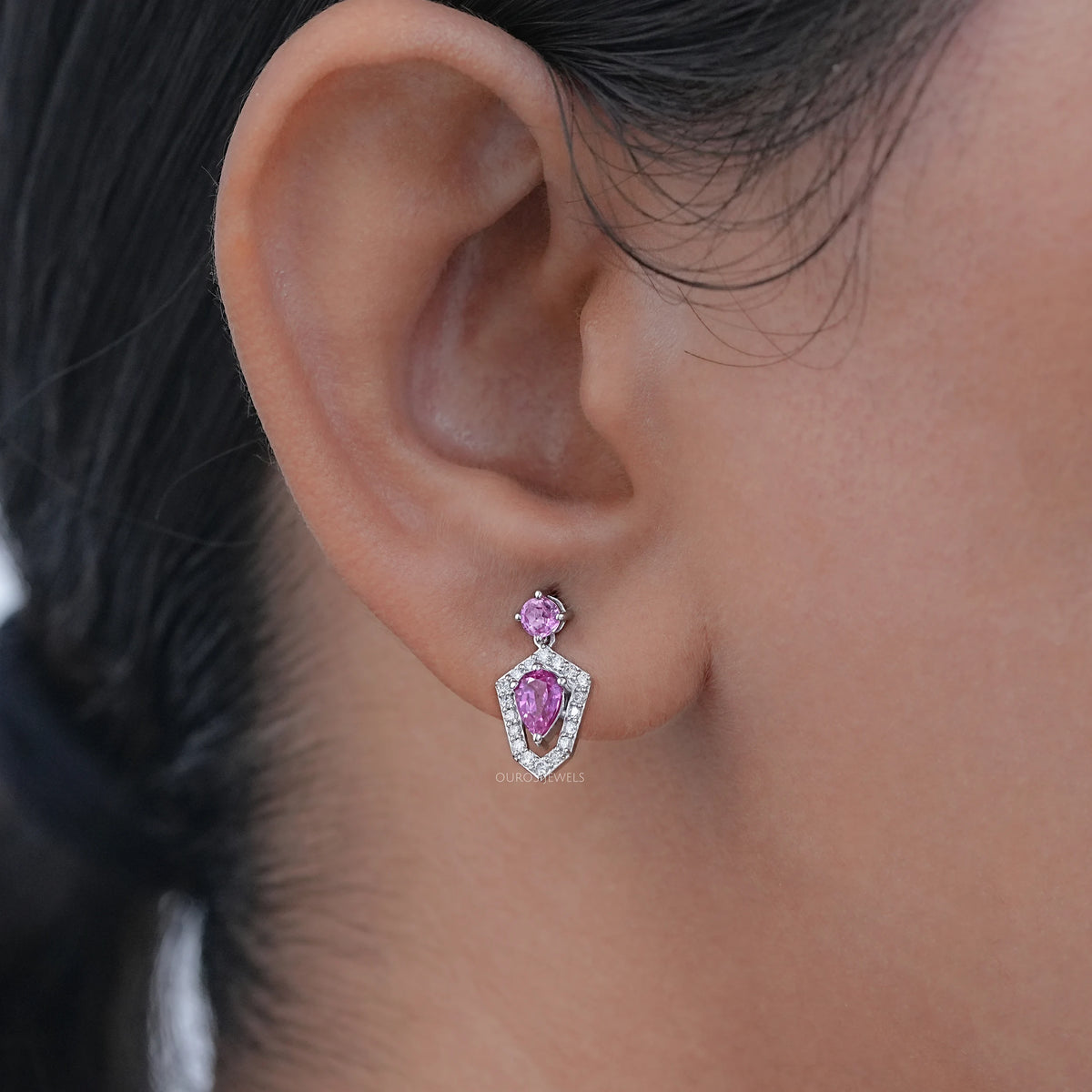 Pear Shape Halo Gemstone Dangle Earrings