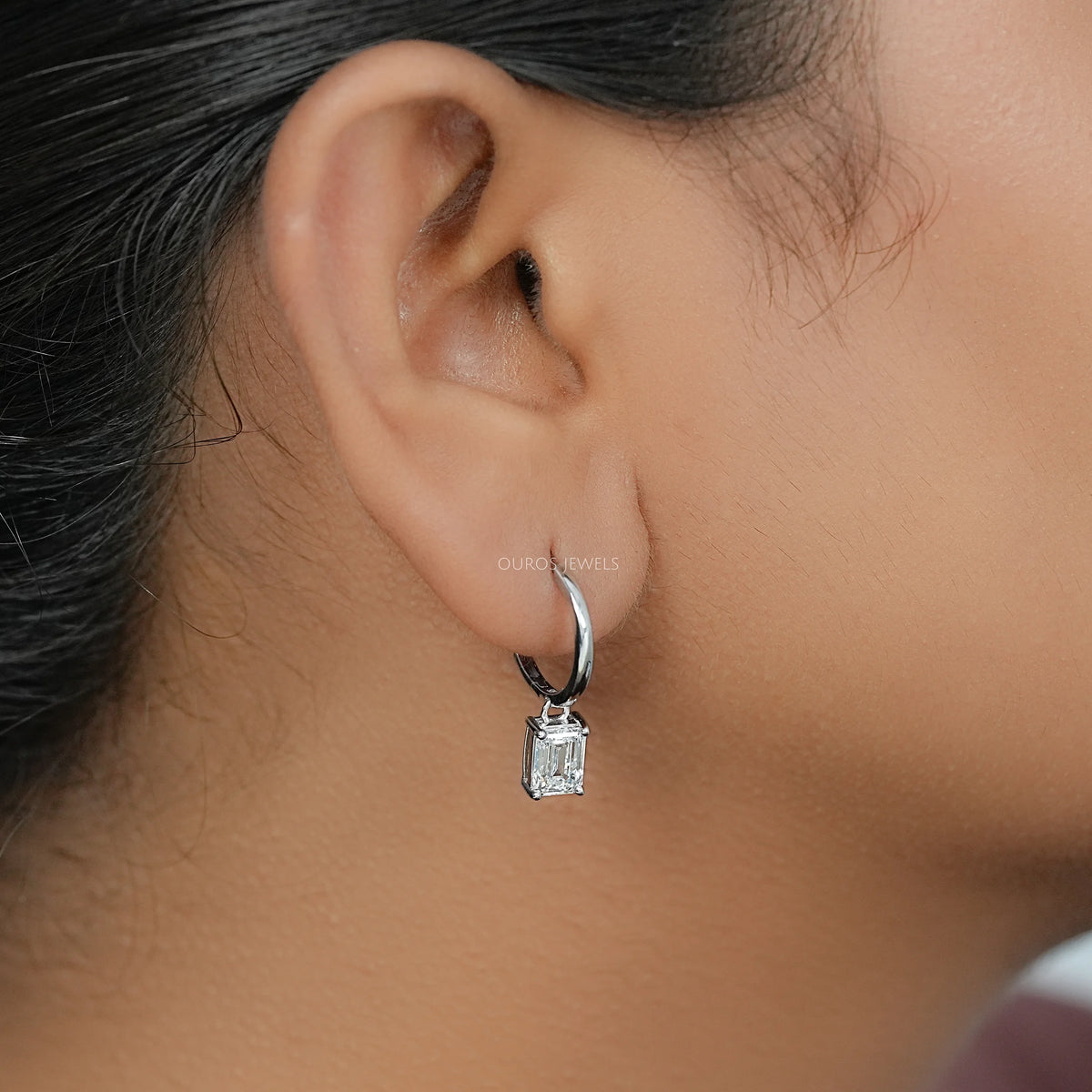Emerald Lab Diamond Dangle Hoop Earrings