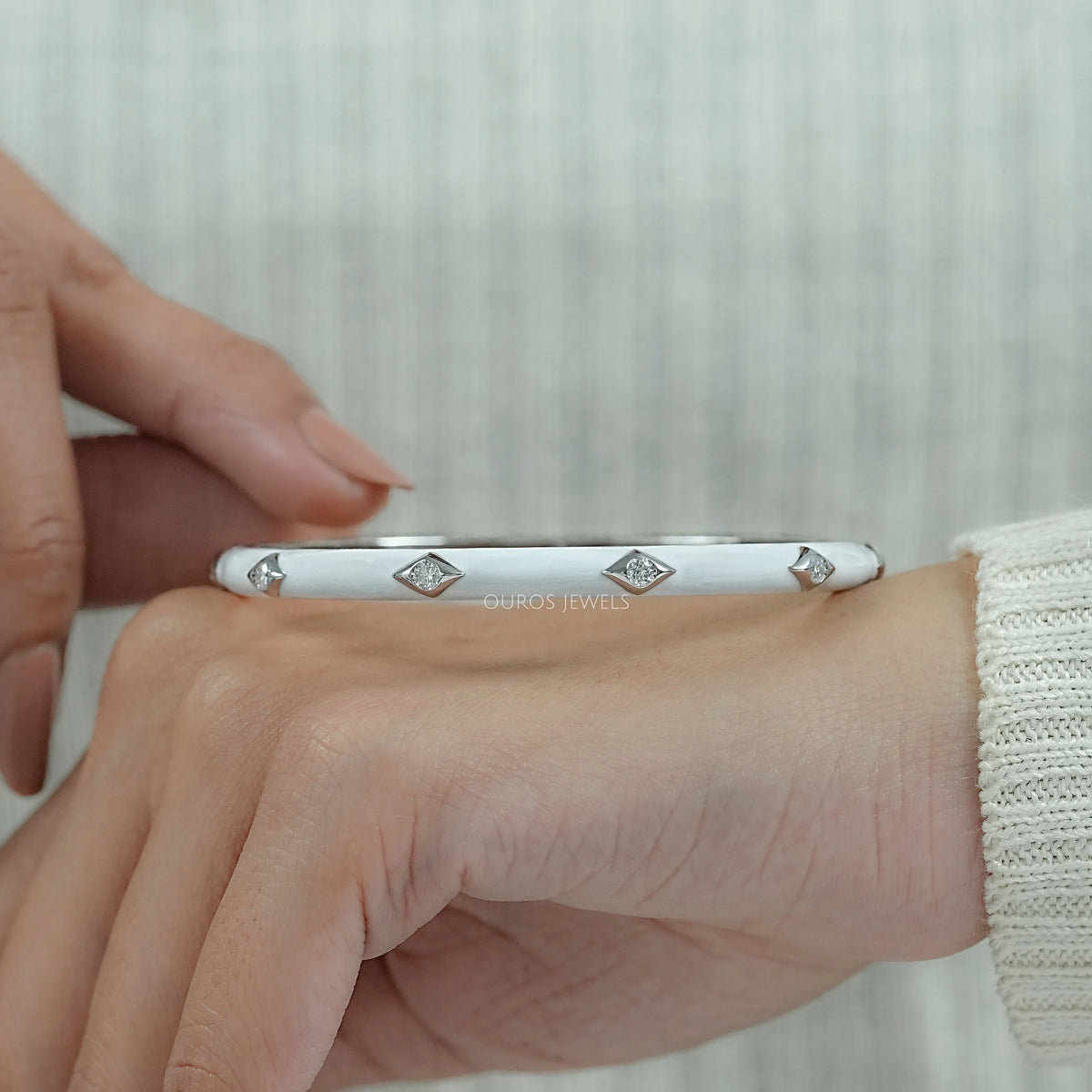 White Enamel Round Lab Diamond Bangle Bracelet