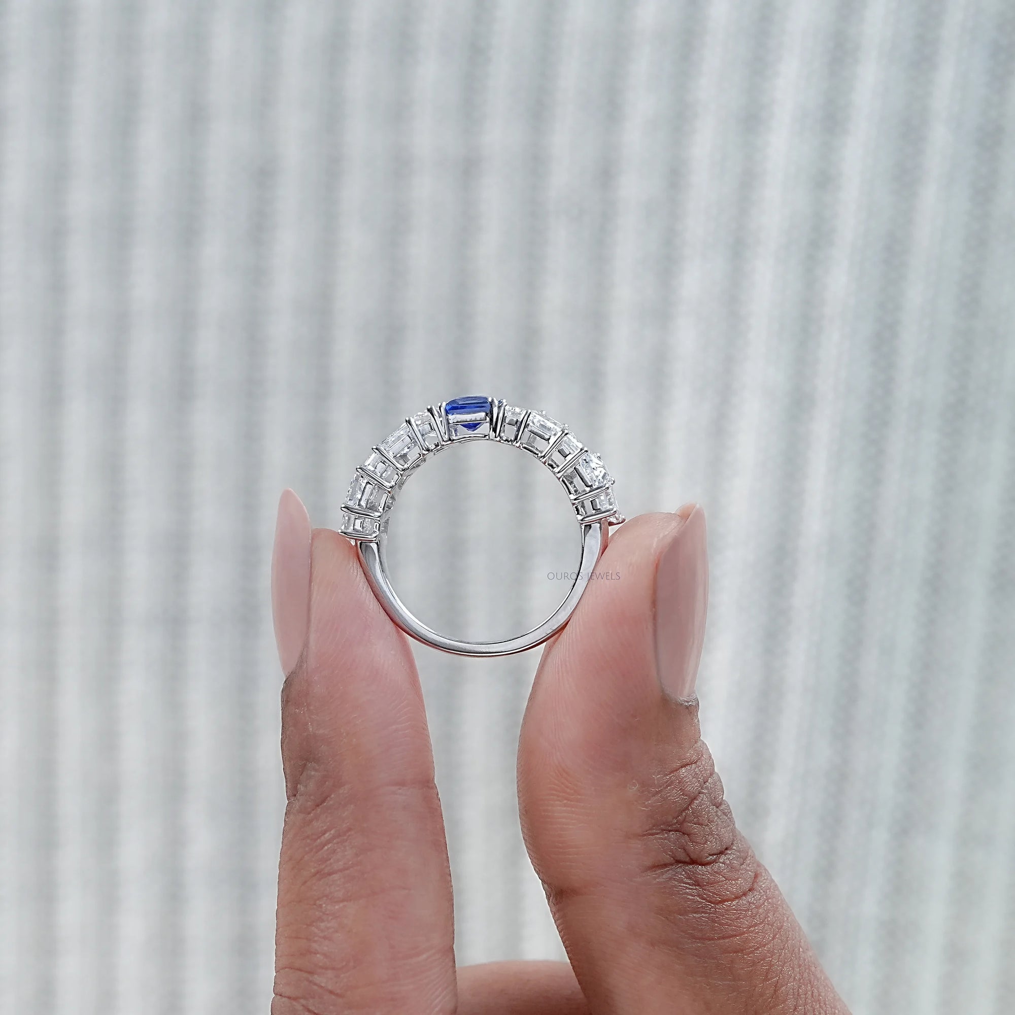Sapphire Princess And Tapered Baguette Cut Half Eternity Band Rings