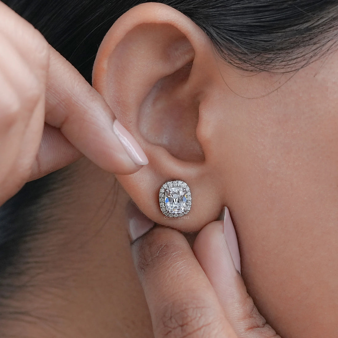 Old Mine Cushion Cut Halo Stud Earrings Earrings