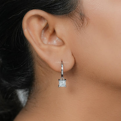 Lab Diamond Princess Cut Dangle Hoop Earrings