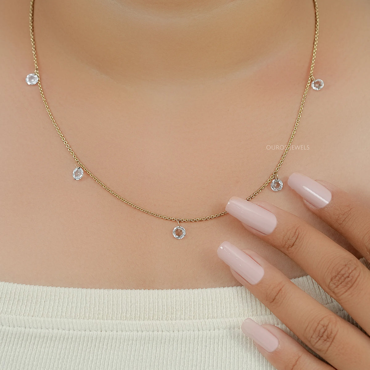 Rose Cut Round Lab Diamond Station Necklace Necklaces
