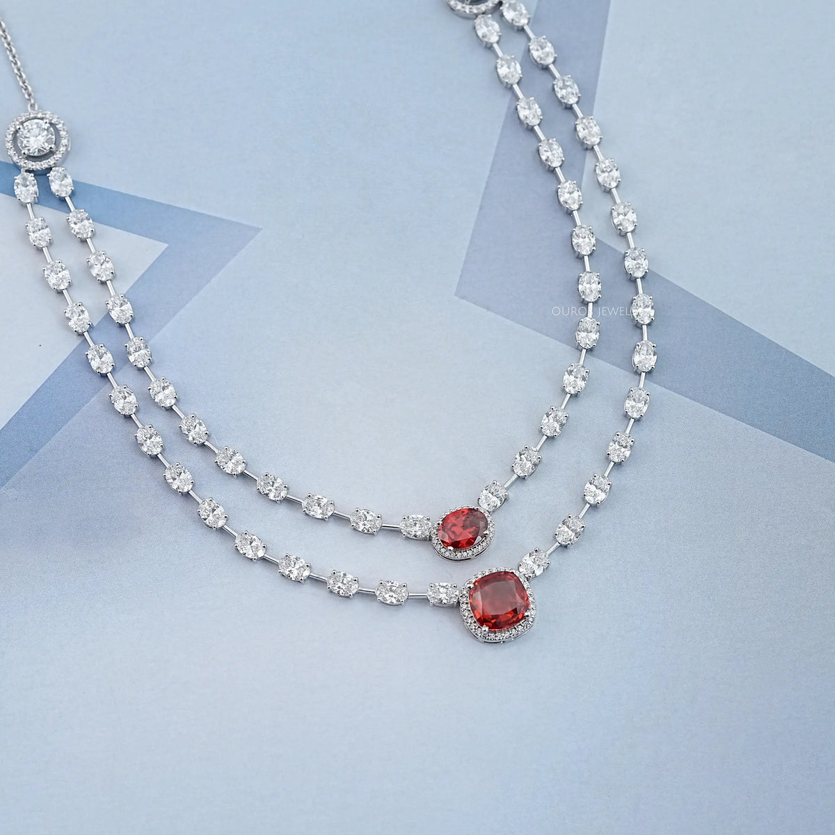 Double Layer Ruby Cushion And Oval Halo Tennis Necklace Necklaces