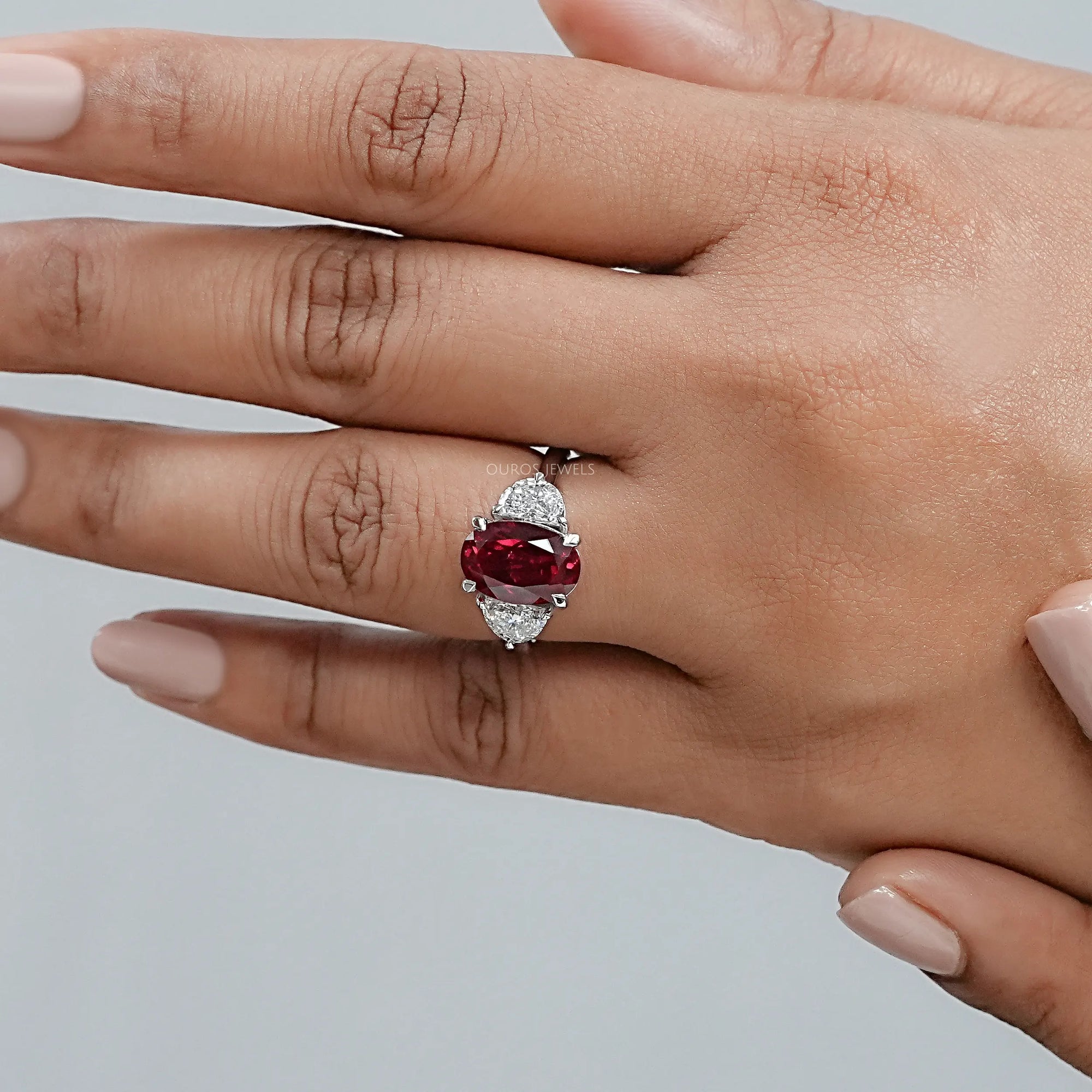 Ruby And Half Moon Diamond Three Stone Ring Ring