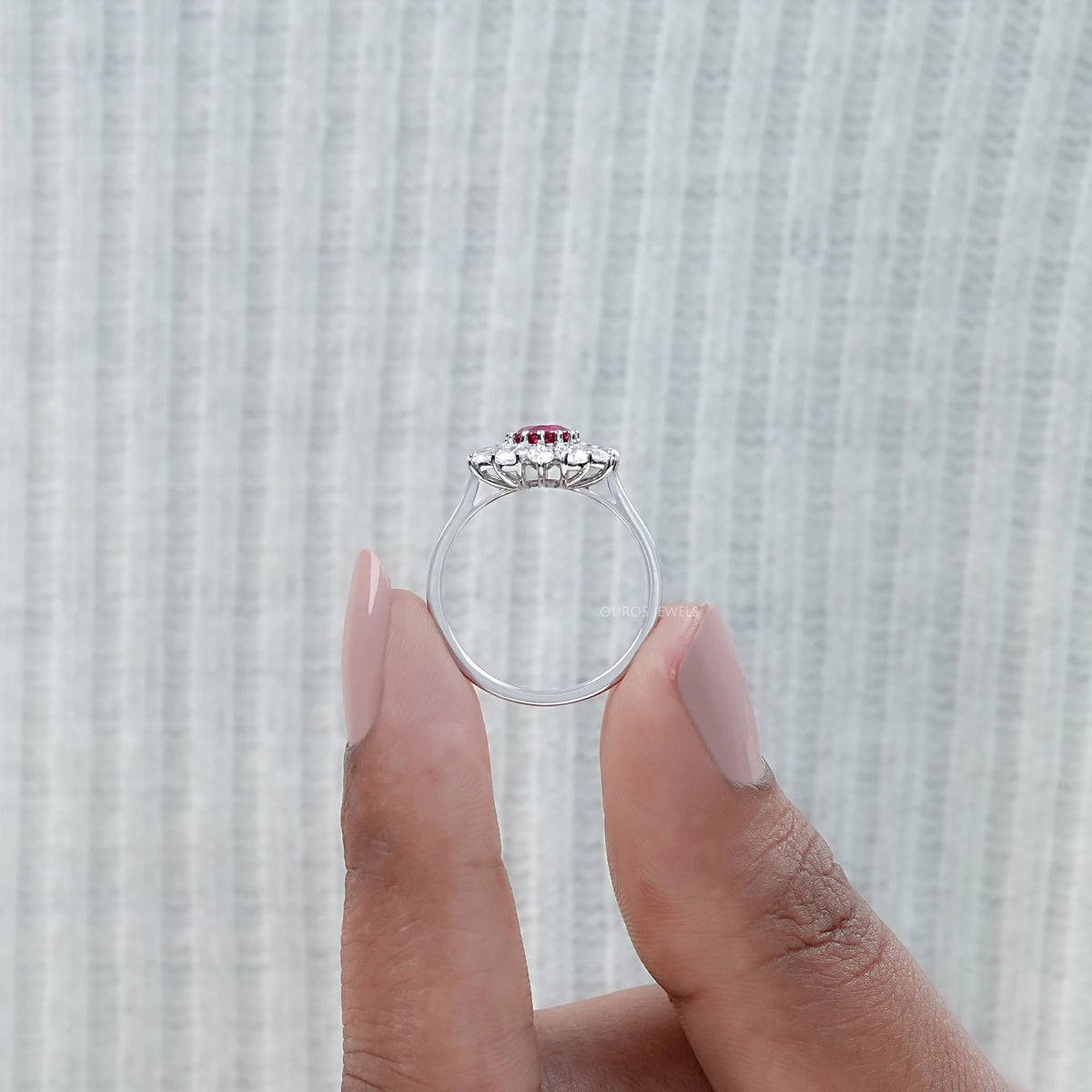 Ruby Round And Lab Diamond Floral Halo Engagement Ring
