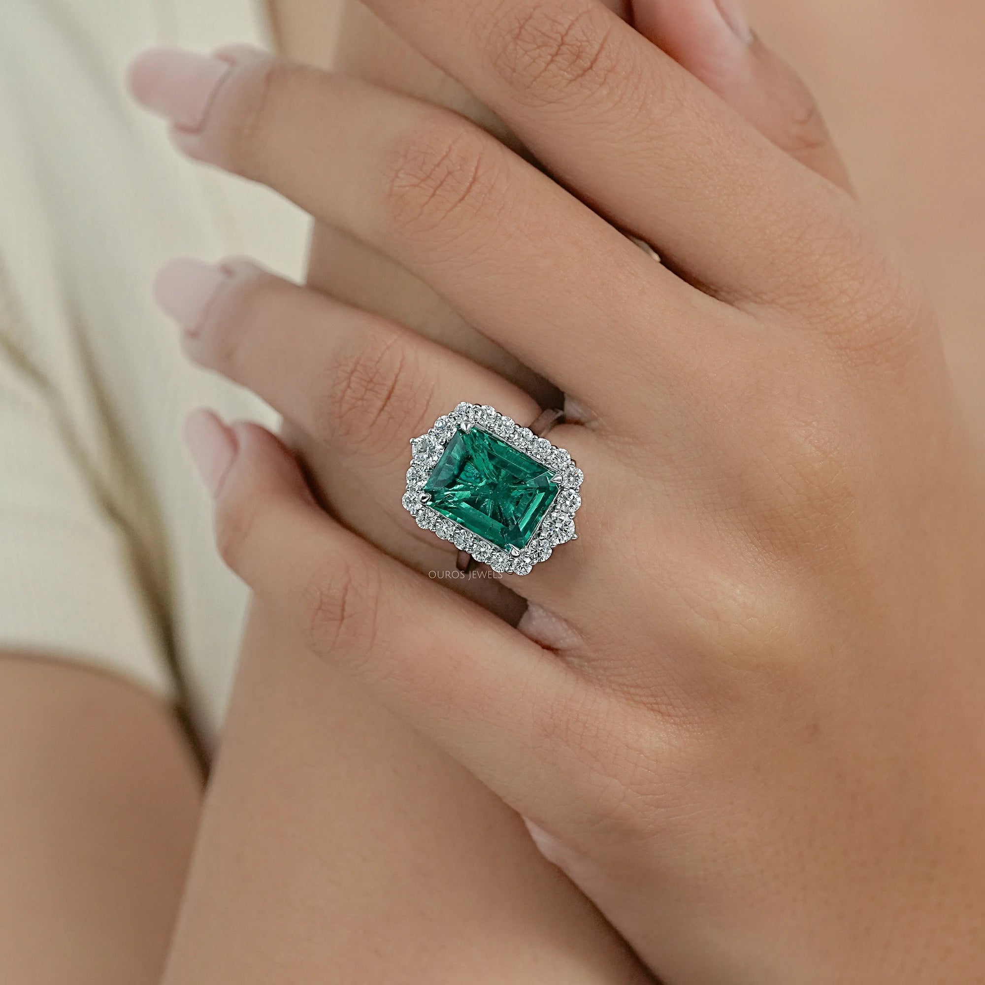 Green Emerald Gemstone Halo Engagement Ring Rings