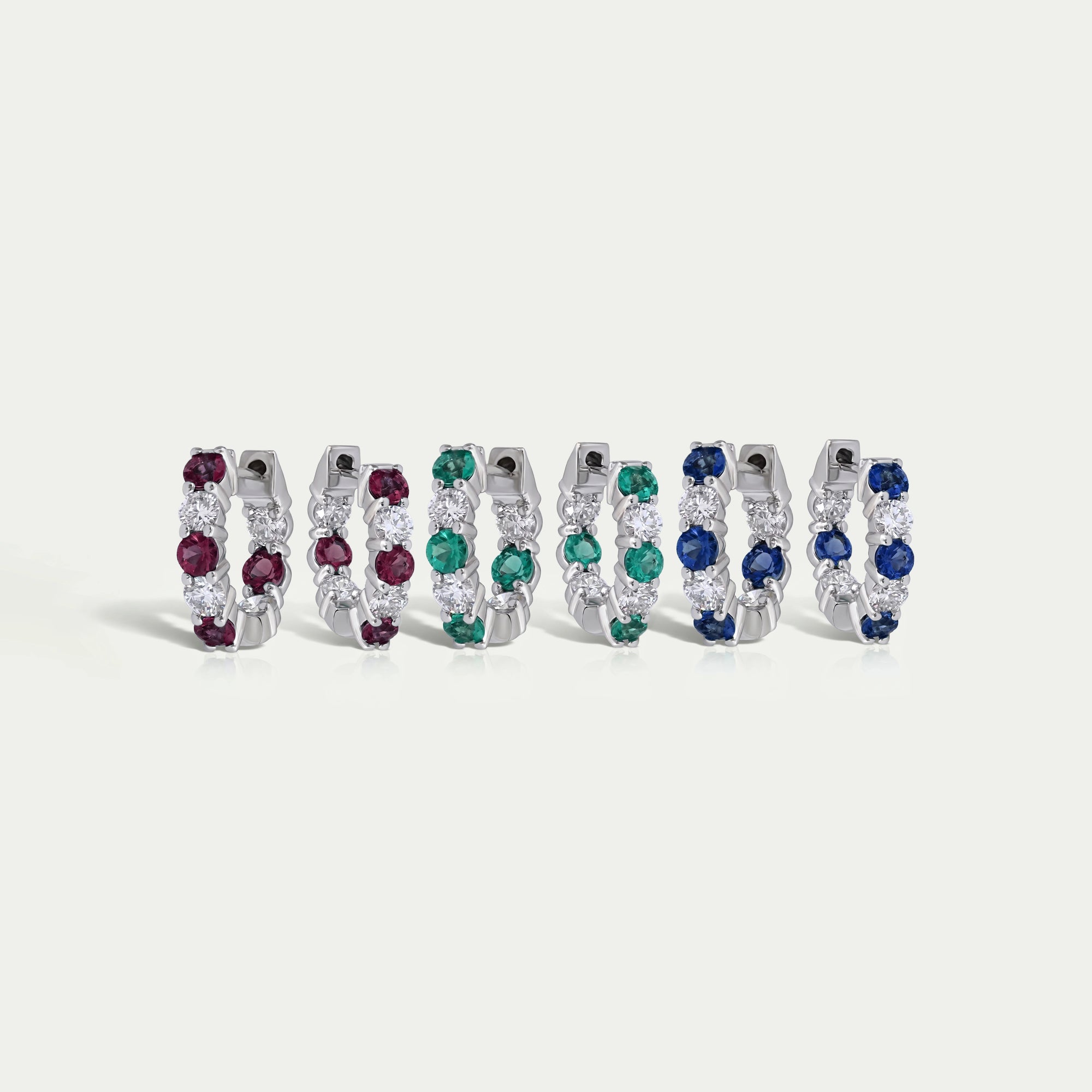 Multi Gemstone And Round Diamond In-Out Hoop Earrings