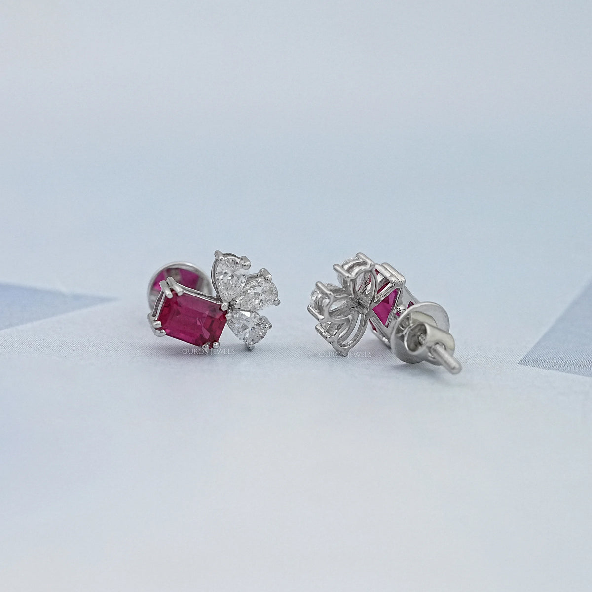 Ruby Emerald Gemstone And Pear Diamond Earrings