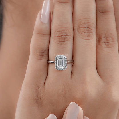 Emerald Lab Diamond Solitaire Halo Engagement Ring Rings