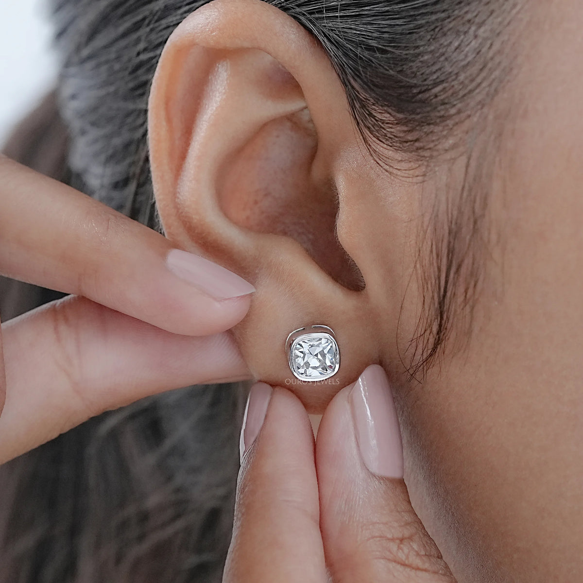 Square Old Mine Cushion Diamond Bezel Stud Earrings Earrings