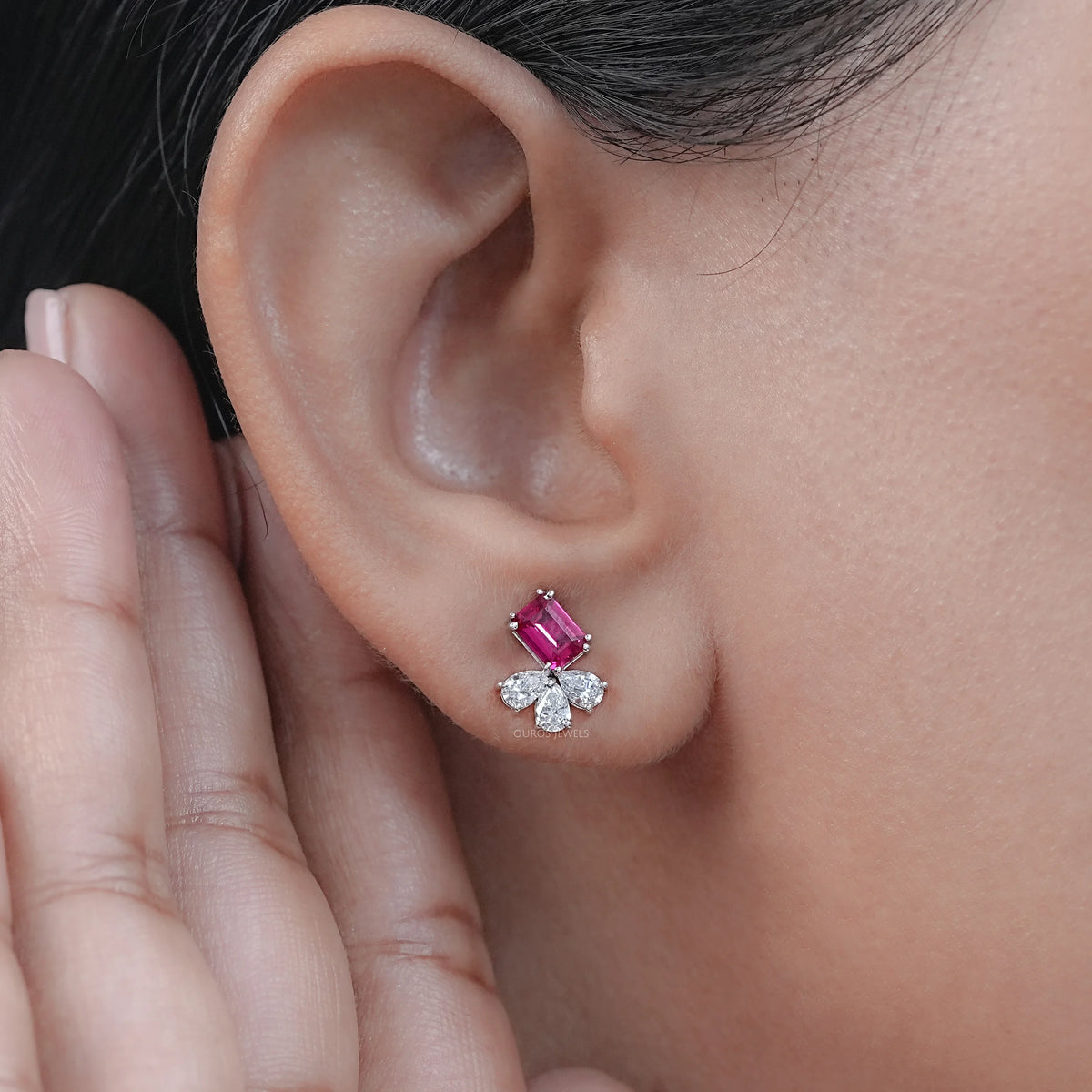 Ruby Emerald Gemstone And Pear Diamond Earrings