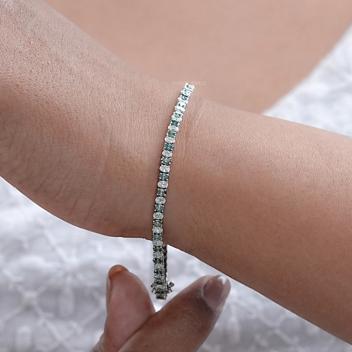 Green Oval Lab Diamond Tennis Bracelet