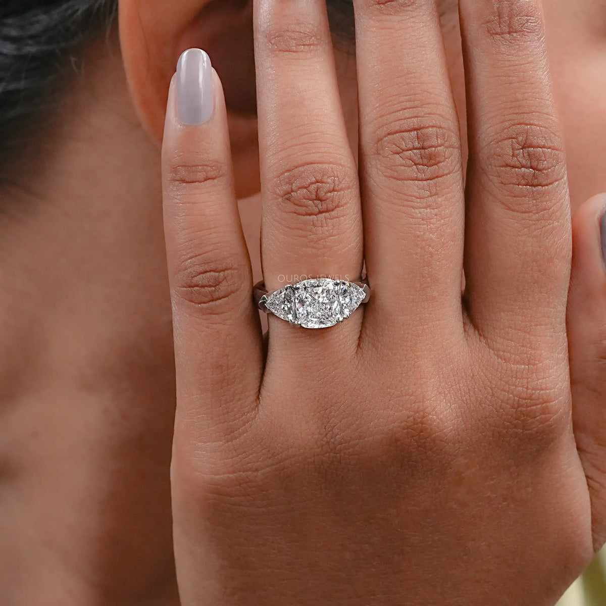 Cushion Cut Lab Diamond Three Stone Engagement Ring