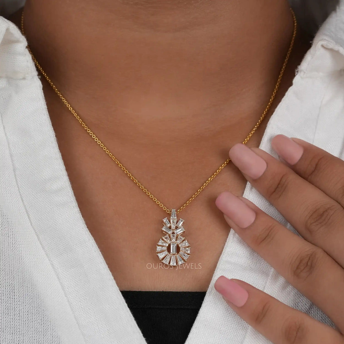 Yellow Gold Tapered Baguette Cut Lab Diamond Pendant