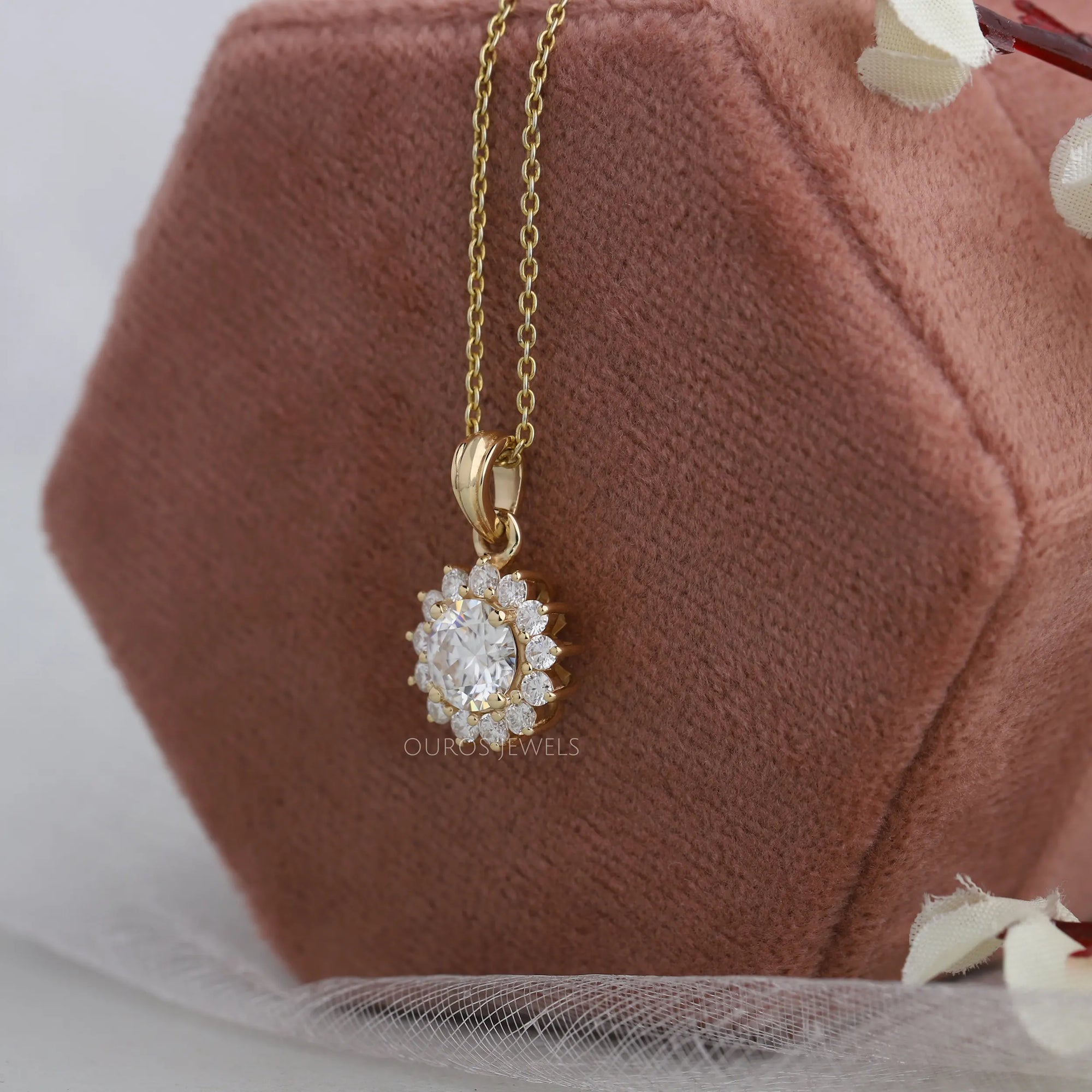 Prong Set Round Cut Halo Lab Diamond Pendant Necklaces