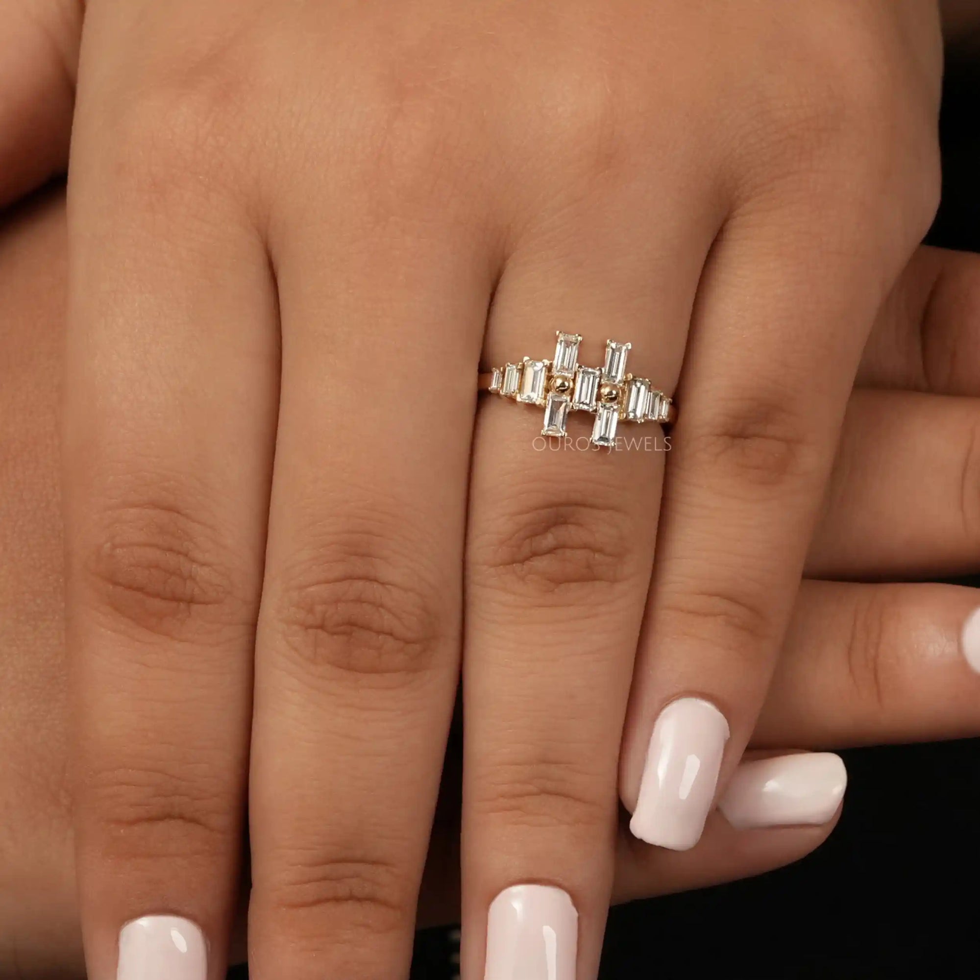 Baguette Cut Lab Diamond Cluster Anniversary Ring