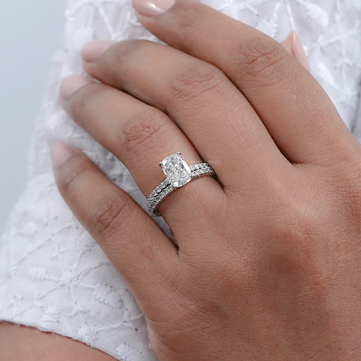 Elongated Cushion Cut Solitaire Accent Bridal Ring Set Rings