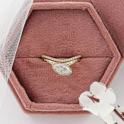 East West Old Mine Marquise Cut Curved Bridal Ring Set Ring