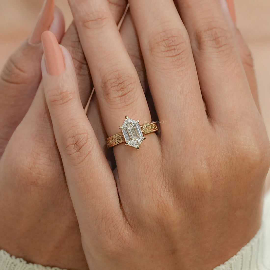 Step Cut Dutch Marquise Lab Diamond Engraving Band Ring