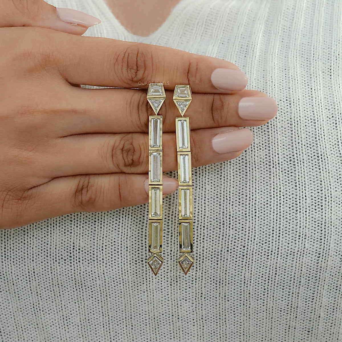 Multi Shape Lab Diamond Bezel Set Linear Drop Earrings Earrings