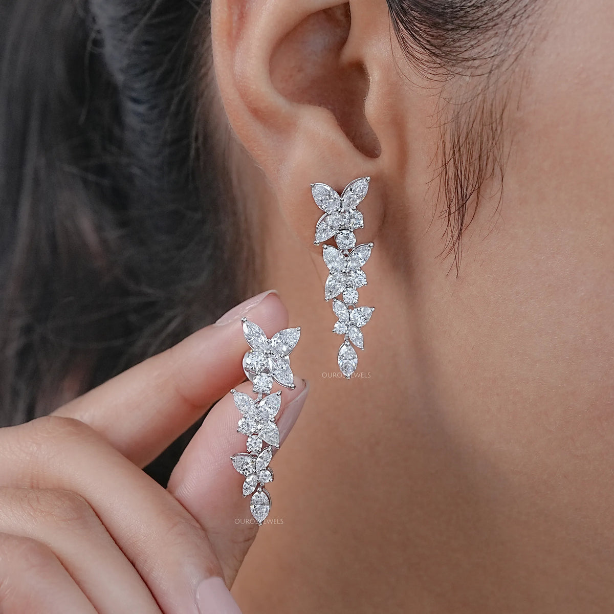 Multi Shape Diamond Dangle Drop Cluster Earrings