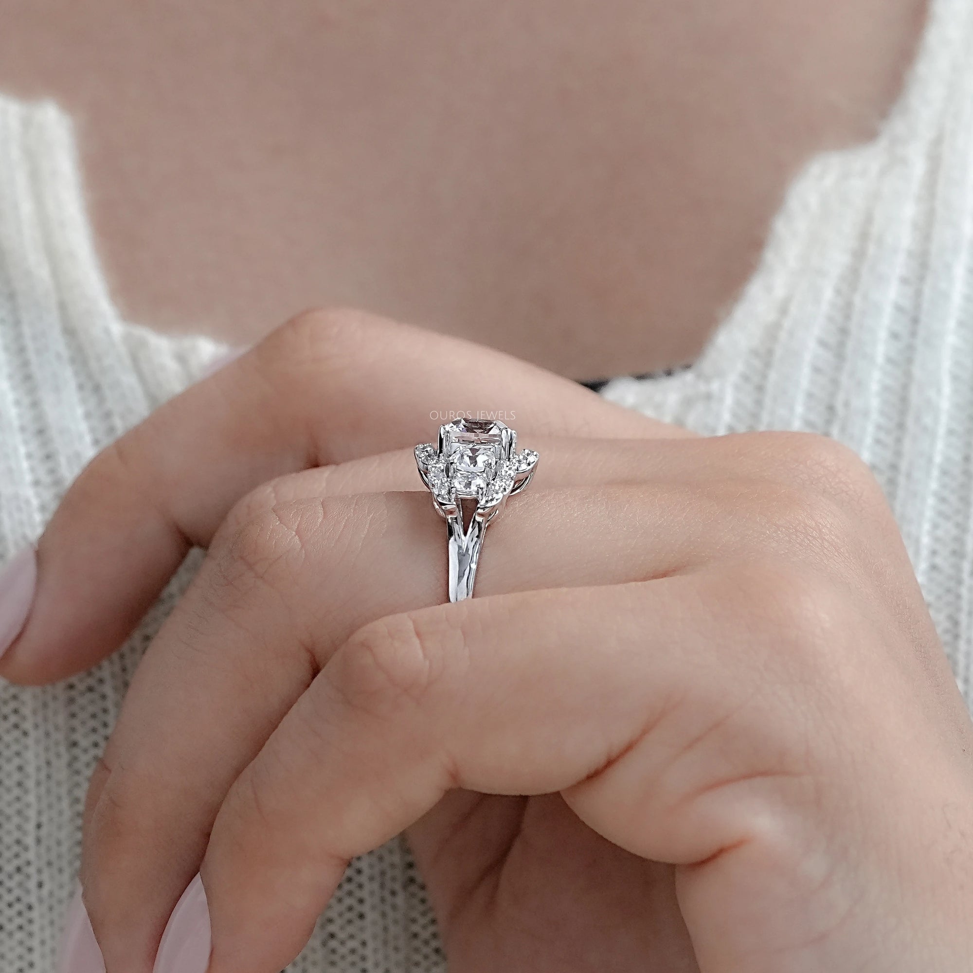 Square Old Mine Cushion Cut Five Stone Halo Engagement Ring Rings