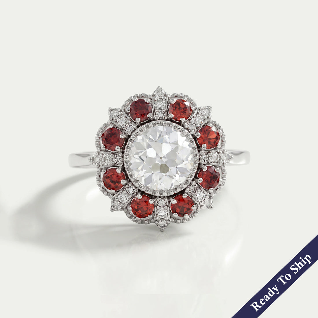 OEC Round Lab Diamond And Ruby Gemstone Halo Ring Rings