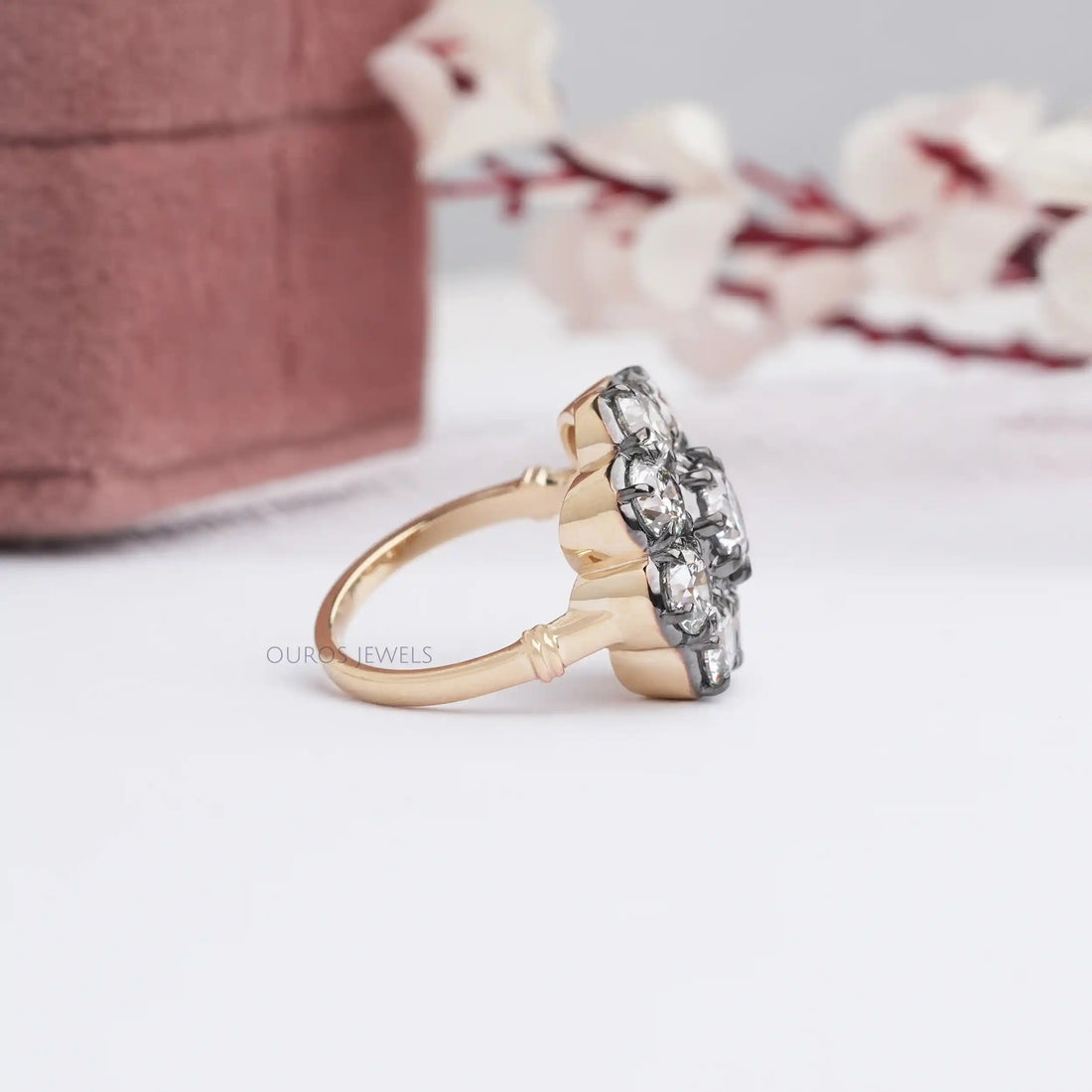 Old European Round Cut Black Coating Flower Engagement Ring Ring
