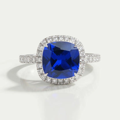 Blue Cushion Cut Halo Diamond Engagement Ring
