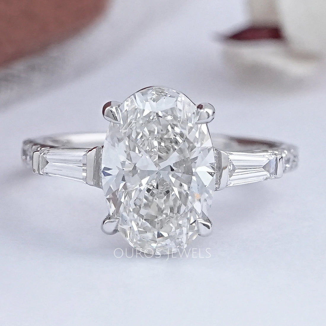 Oval Cut Three Stone Accent Diamond Engagement Ring Ring