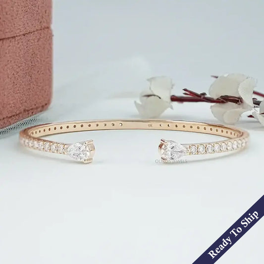 Open Cuff Pear And Round Lab Diamond Bangle Bracelet