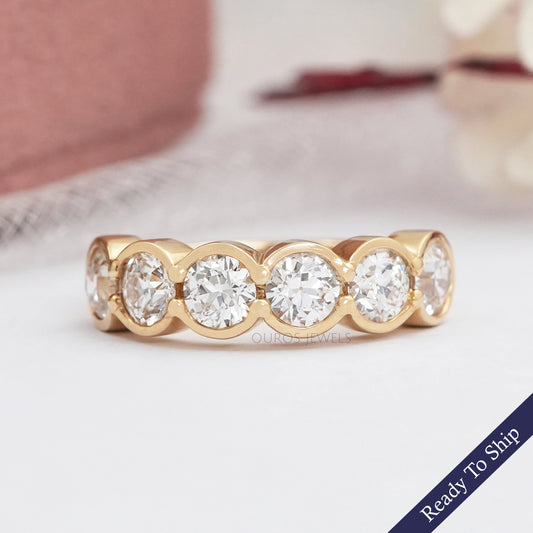 OEC Round Cut Lab Diamond Half Eternity & Half Bezel Set Band Ring