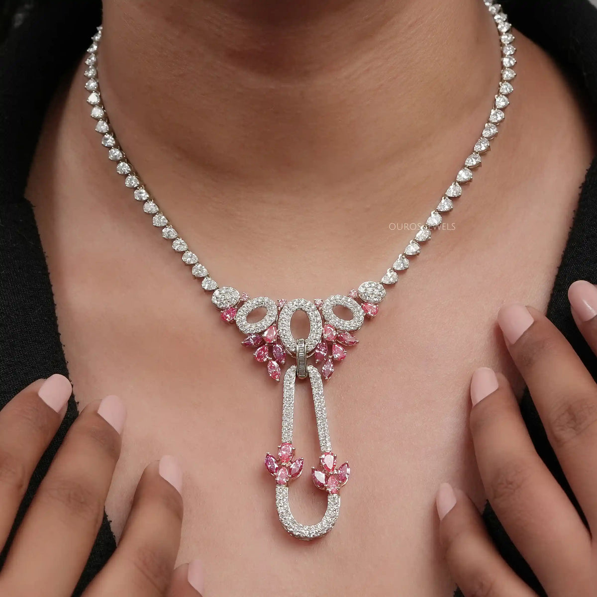 Pink Pear And Marquise Diamond Cluster Bridal Necklace Necklaces