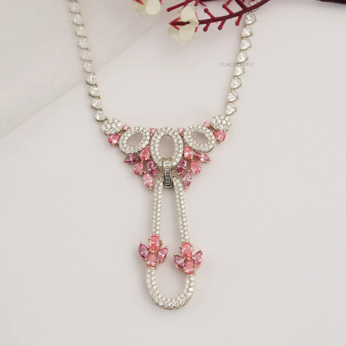 Pink Pear And Marquise Diamond Cluster Bridal Necklace Necklaces