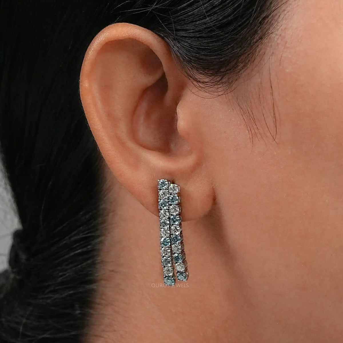 Double Row Blue Round Lab Diamond Earrings Earrings