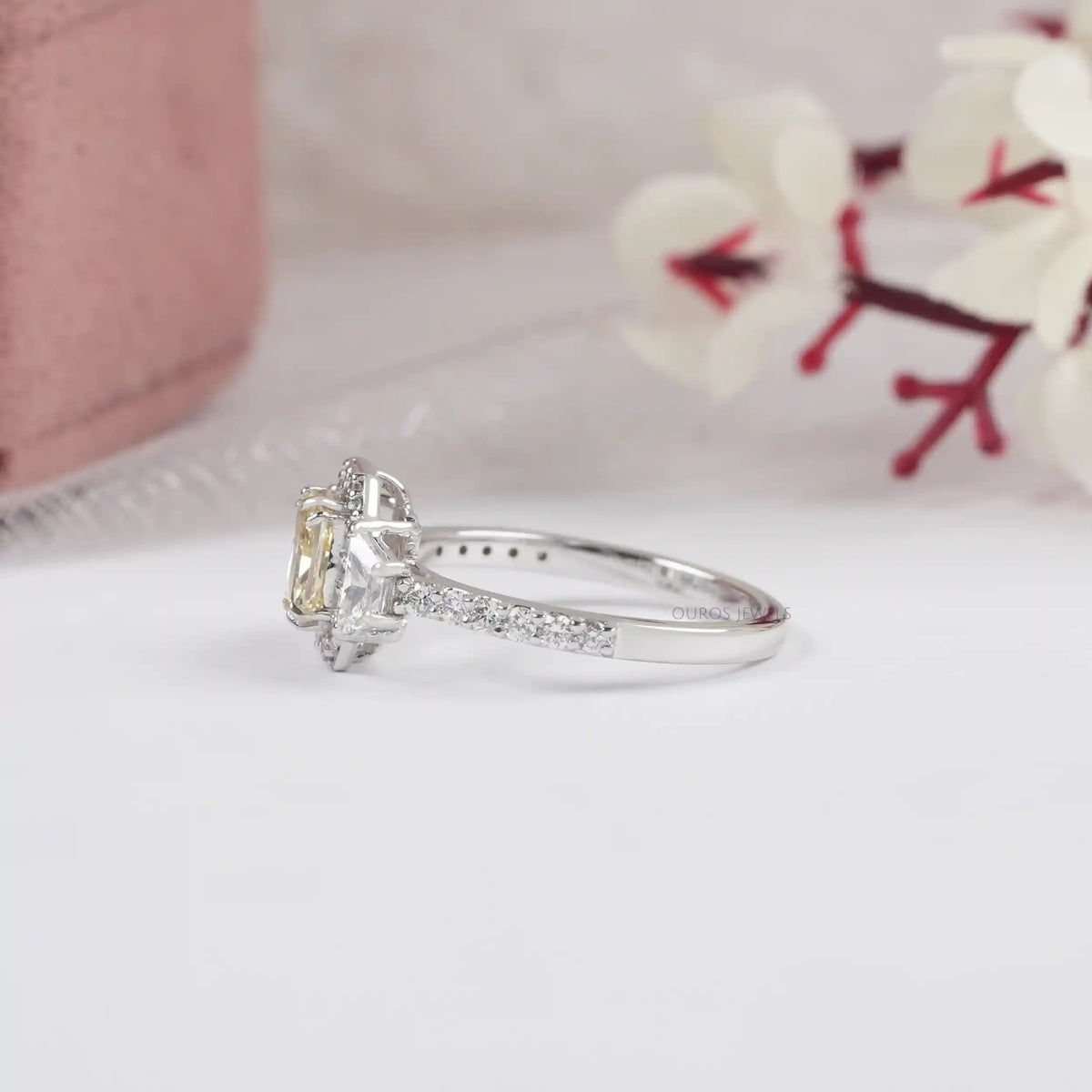 Yellow Radiant Cut Lab Diamond Halo Accent Ring Ring