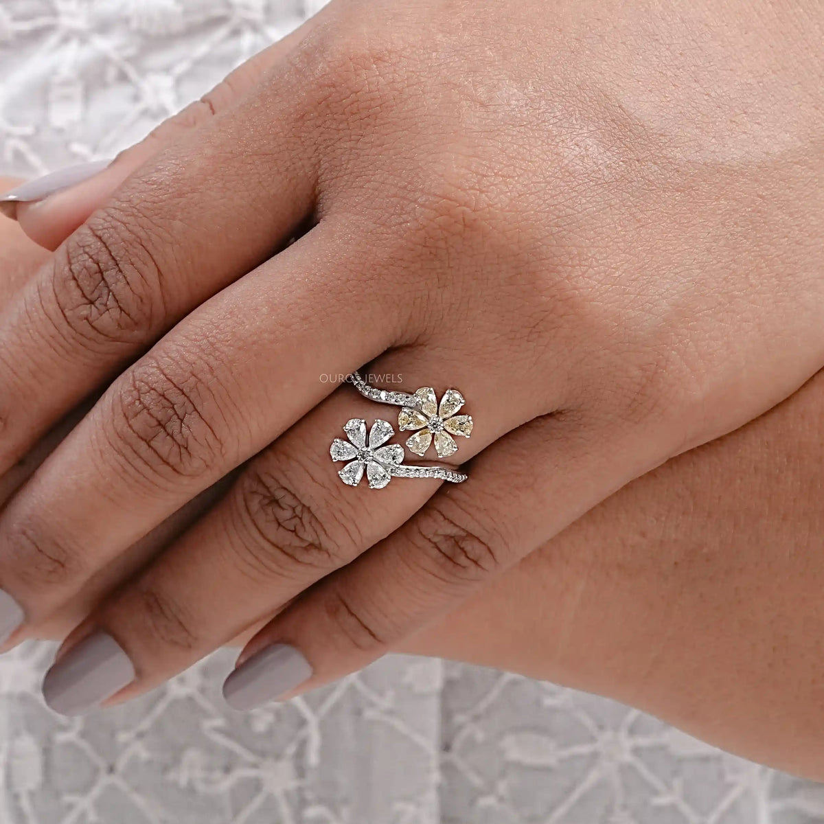 Yellow Pear Shape Lab Diamond Flower Style Bypass Ring Ring
