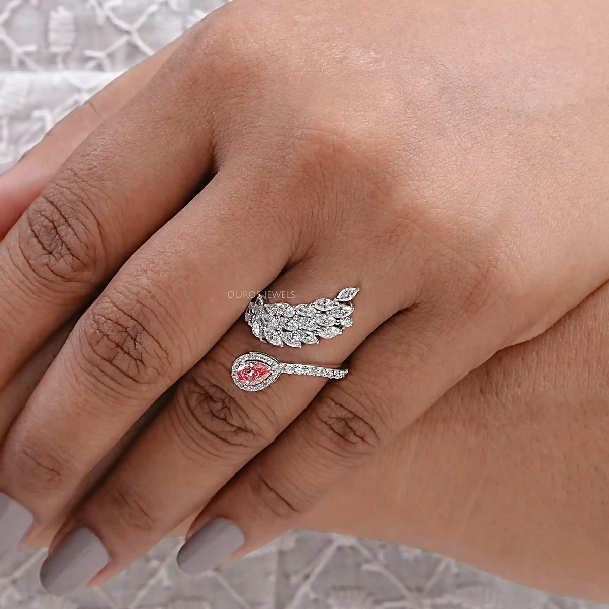 Pink Pear And Marquise Cut Diamond Leaves Style Bypass Ring Ring