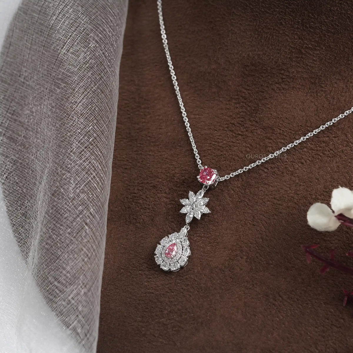 Pink Pear Diamond Double Halo Drop Pendant Necklaces