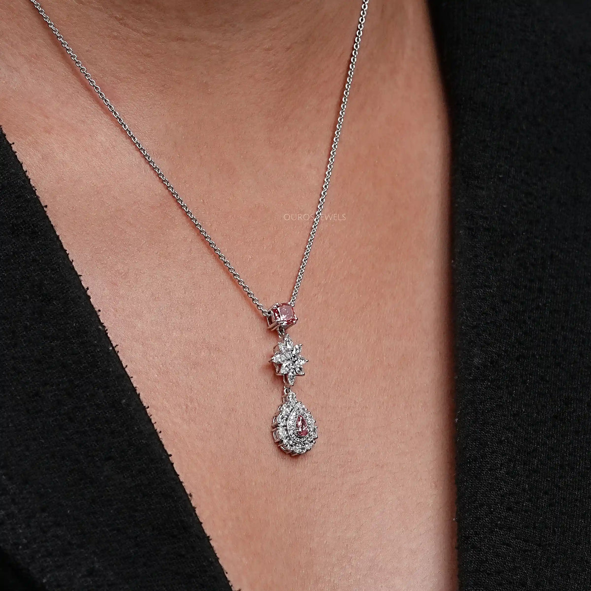 Pink Pear Diamond Double Halo Drop Pendant Necklaces