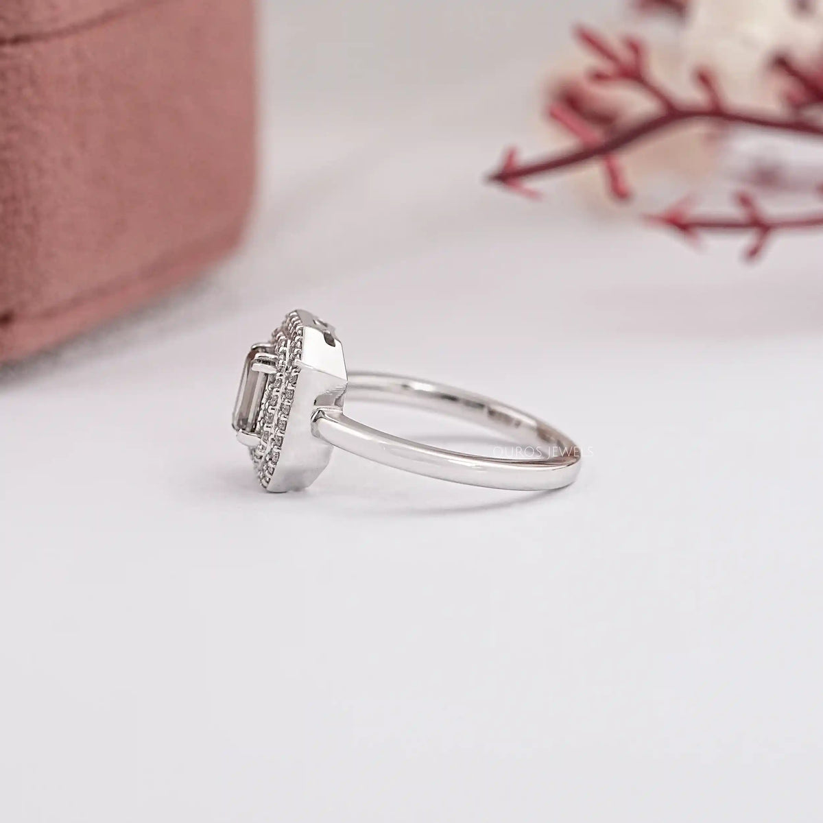 Olive Emerald Cut Lab Diamond Double Halo Engagement Ring Ring