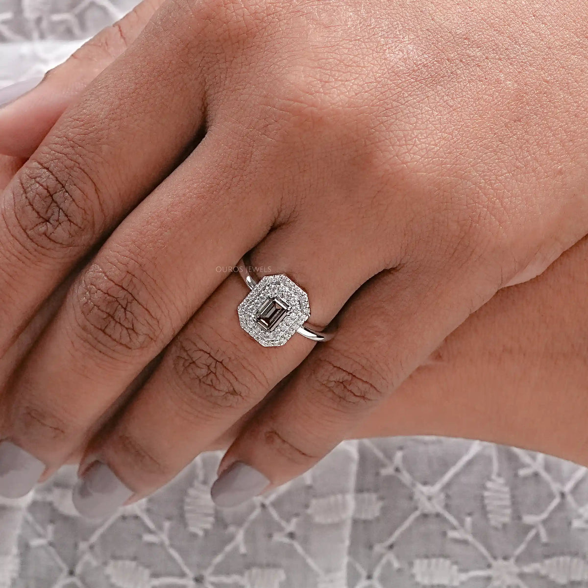 Olive Emerald Cut Lab Diamond Double Halo Engagement Ring Ring