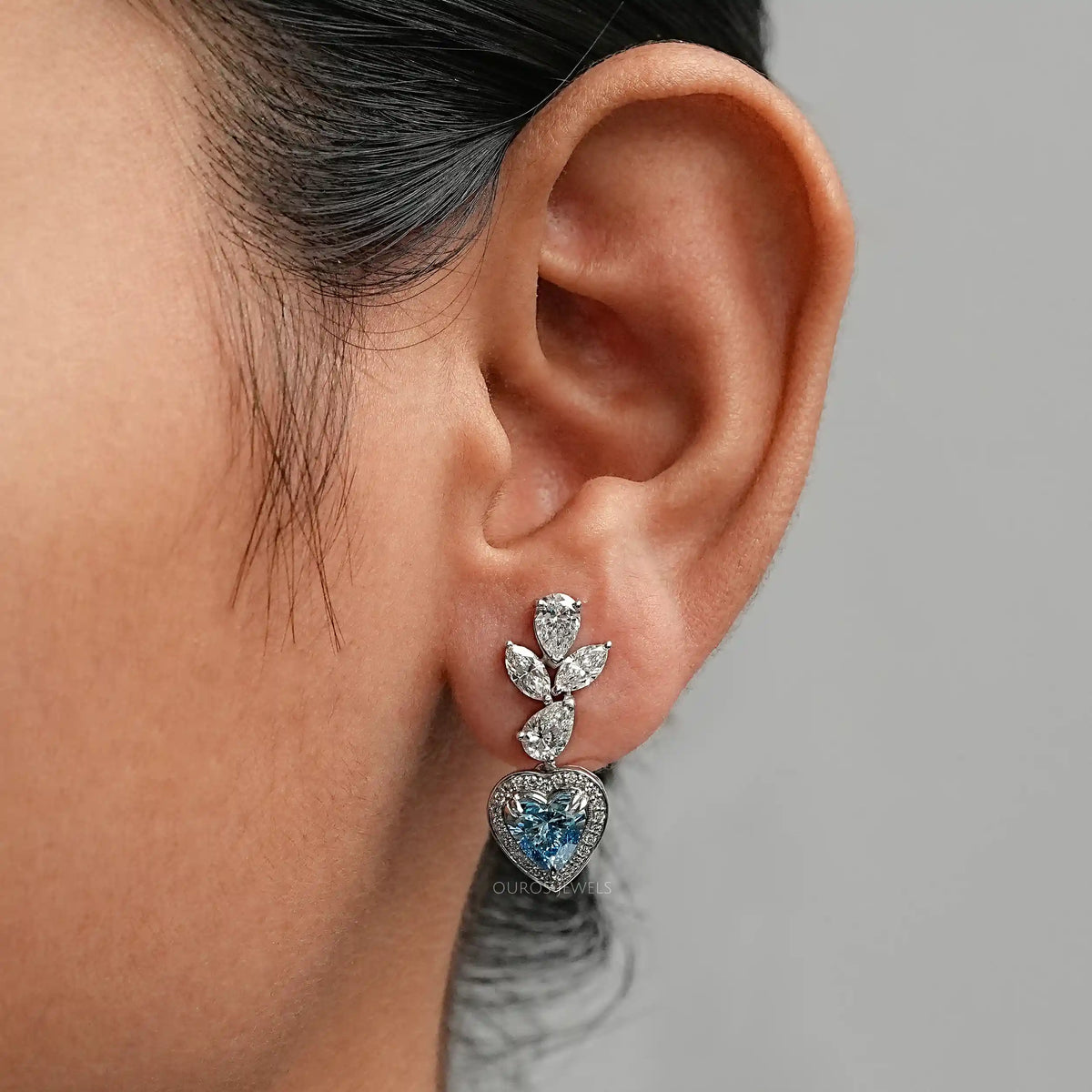 Blue Heart Lab Diamond Halo Drop Earrings Earrings