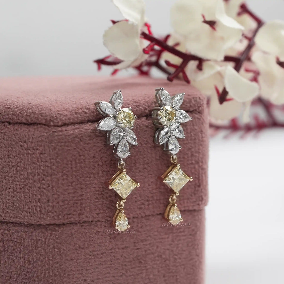 Yellow Princess Lab Diamond Floral Drop Earrings Earrings